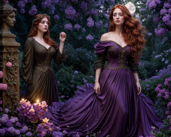 Enchanting Garden Scene with Elegant Women in Gowns
