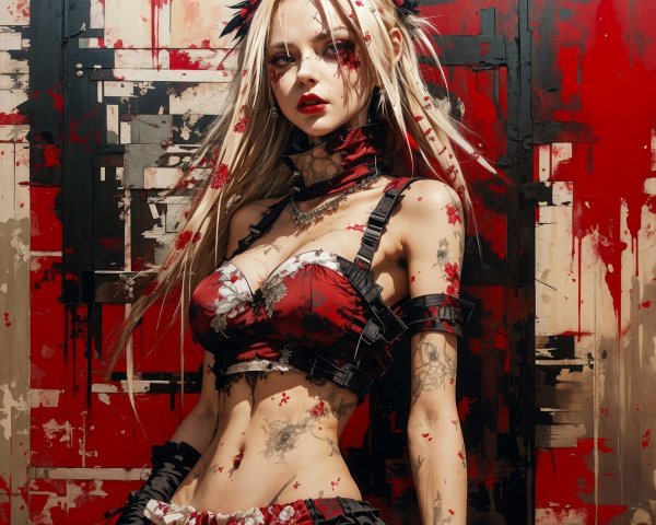 Striking figure in dark outfit with red and black tones