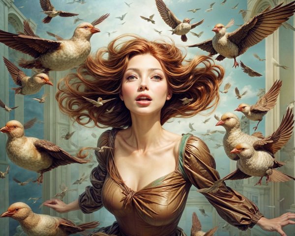 Young Woman in Brown Gown Surrounded by Flying Birds