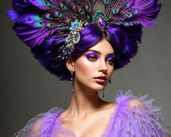 Portrait of a model with vibrant purple headdress and makeup