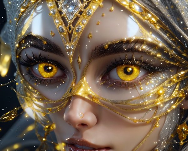 Close-up of a character with golden eyes and mask