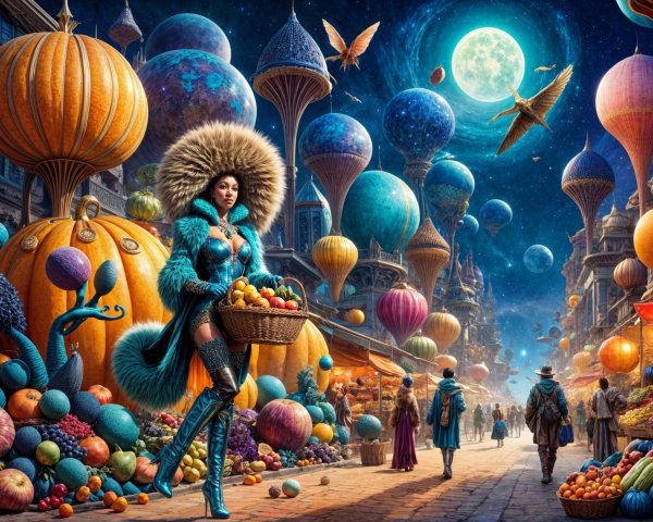 Moonlit Marketplace with Fruits and Floating Balloons