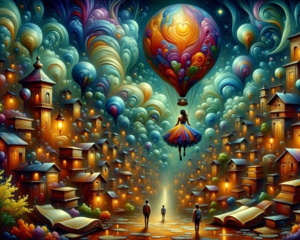 Colorful Hot Air Balloon Over Fantastical Village