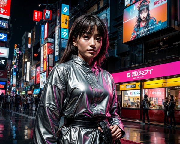 Young Woman in Silver Jacket in Neon Urban Scene