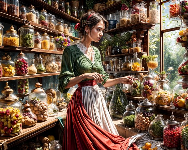 Apothecary Scene with Colorful Ingredients and Sunlight