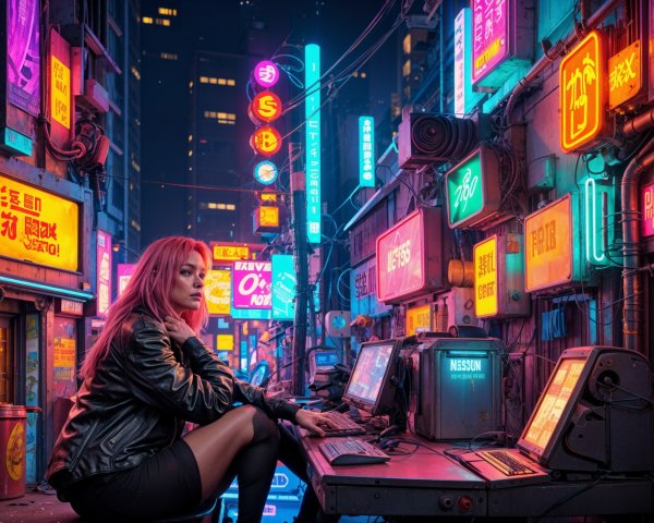 Futuristic Cyberpunk Scene with Woman and Neon Signs
