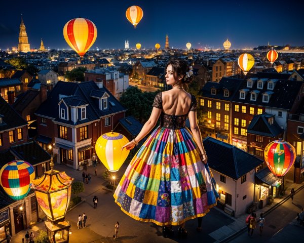 Elegant Woman in Multi-Colored Dress Overlooks Town