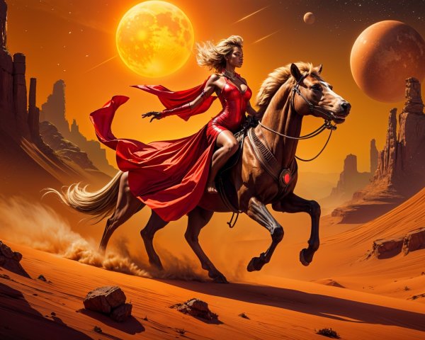 Fierce Warrior Woman Riding in a Surreal Desert Scene