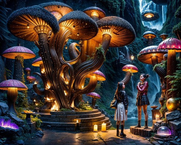 Mystical Forest Scene with Iridescent Mushrooms and Waterfall