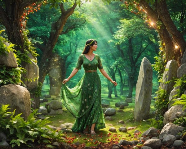 Woman in green dress on sunlit forest path