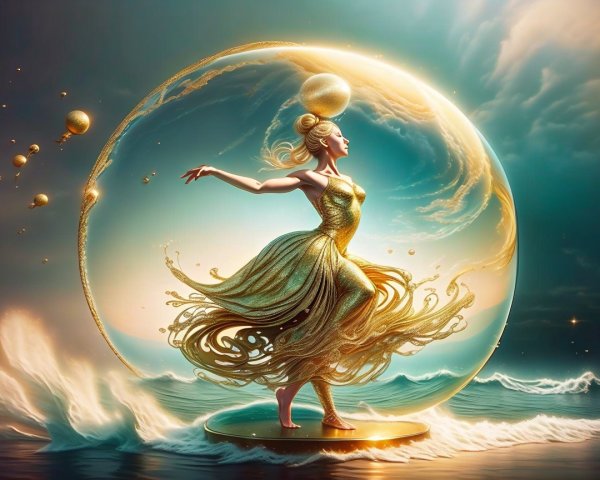 Surreal Digital Artwork of Woman in Golden Gown