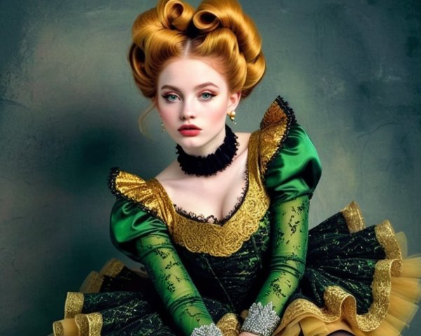 Elegant woman in lavish green dress with gold lace