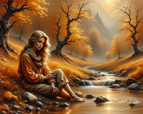Autumn Landscape with a Woman by a Flowing Stream