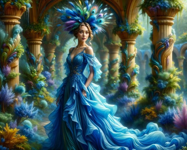 Young woman in blue gown in vibrant garden setting
