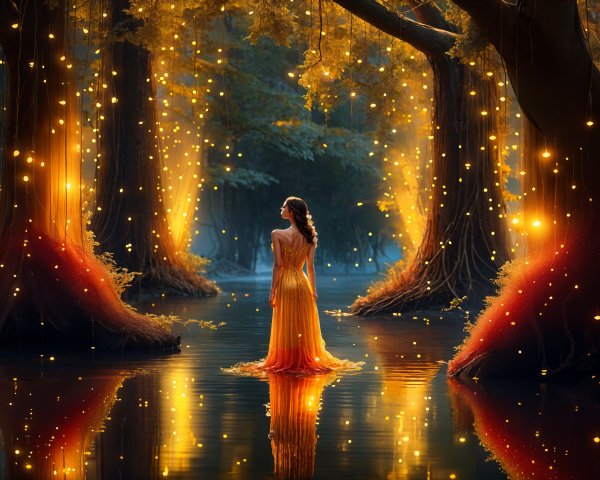 Mystical Forest Scene with Woman in Yellow Gown