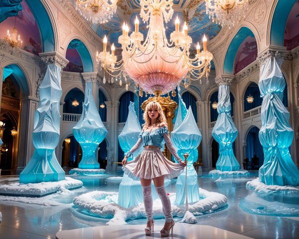 Royal Hall with Blue and White Decor and Young Woman