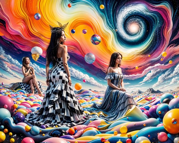 Three Women in Elaborate Outfits Against Cosmic Backdrop