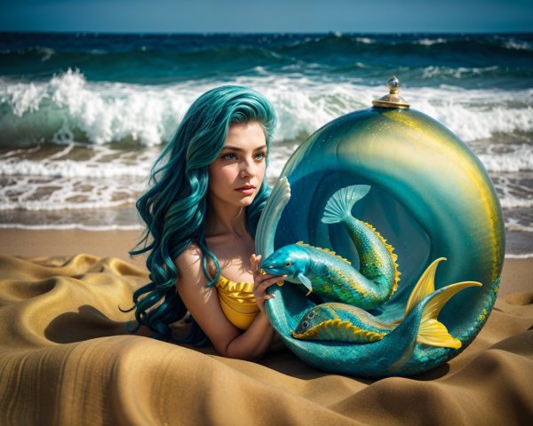 Young woman with turquoise hair on sandy beach