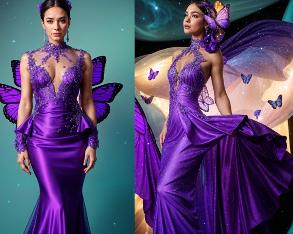 Model in Shimmering Purple Gown with Butterfly Motifs