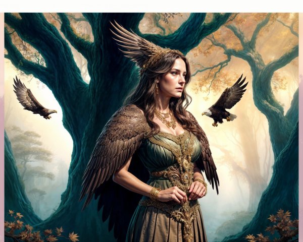 Majestic figure in mystical forest with feathered wings