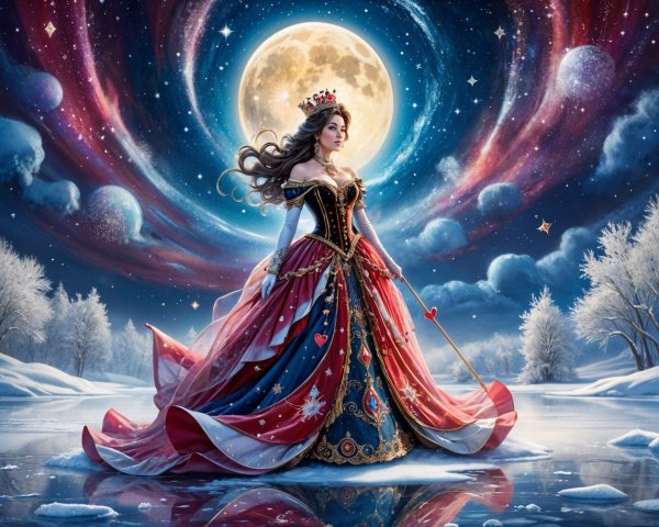 Regal Figure in Celestial Gown on Frozen Lake