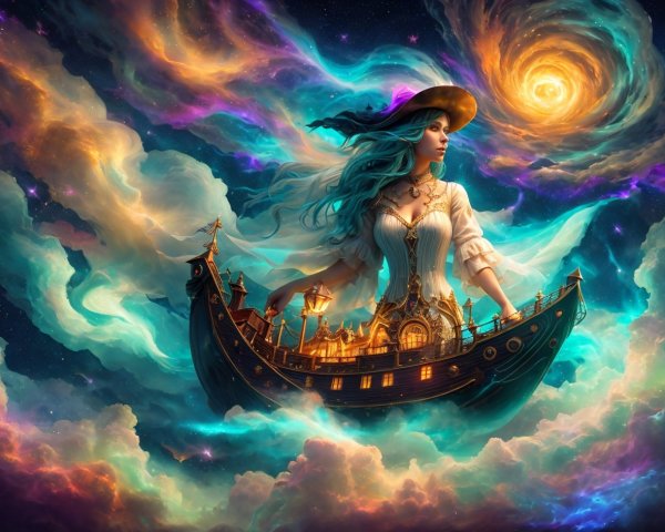 Celestial Pirate Queen on Dark Sailing Ship Image