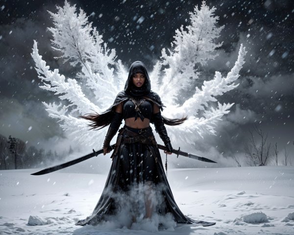 Mysterious warrior in snowy landscape with white wings