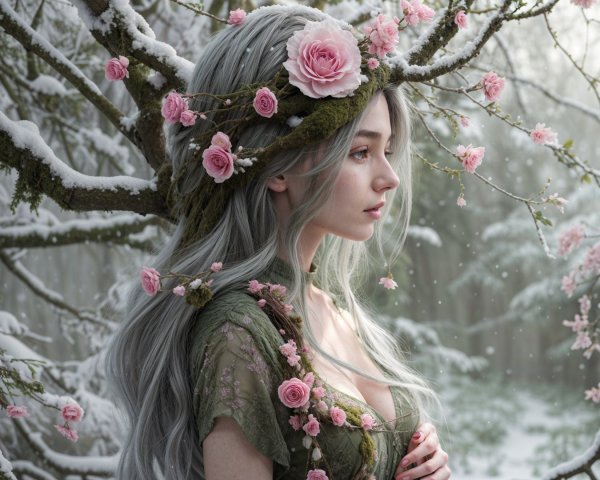 Serene Woman in Green Gown Surrounded by Snowy Forest