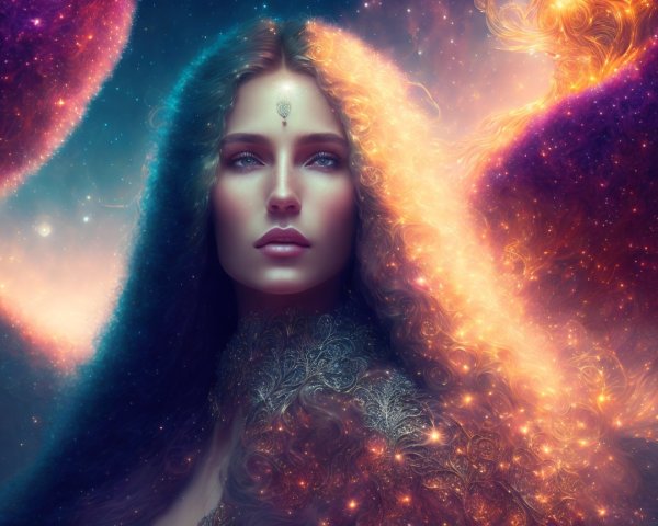 Colorful Cosmic Figure with Ethereal Glow and Patterns