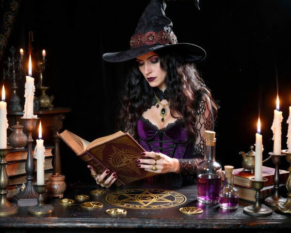 Long exposure of a witch reading from a spellbook