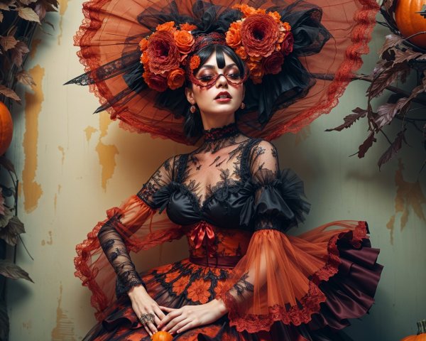 Gothic-Inspired Outfit with Floral Patterns and Hat