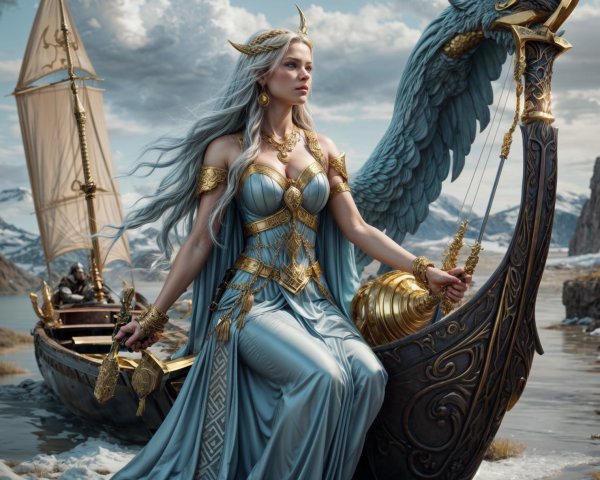 Majestic figure on intricately designed ship at sea