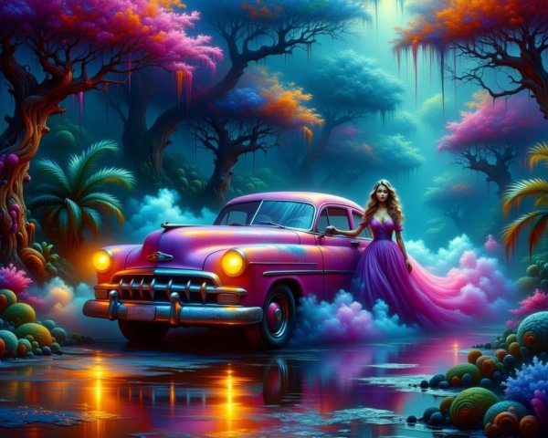 Vintage Pink Car in a Surreal Colorful Landscape