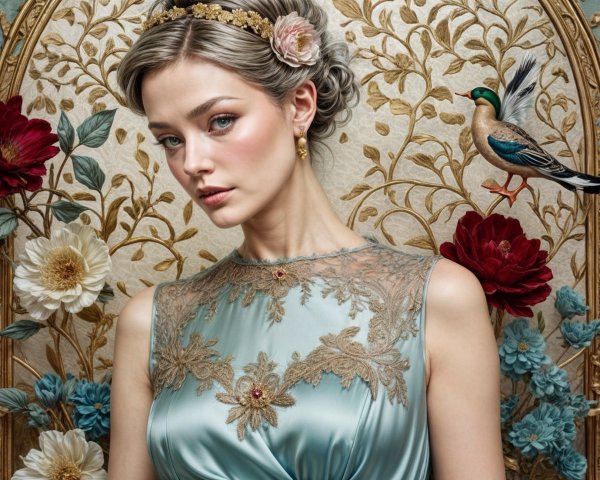 Elegant Woman in Blue Gown with Floral Backdrop