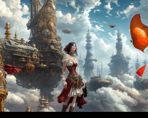 Steampunk Woman Amidst Airships and Butterflies