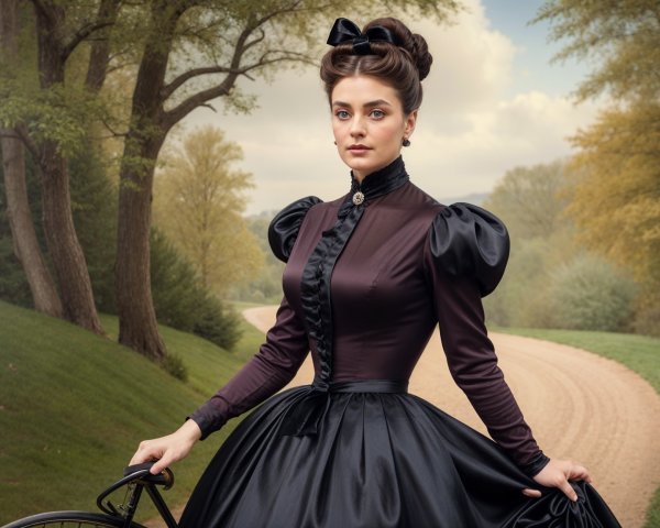 Elegant woman in vintage black dress by bicycle