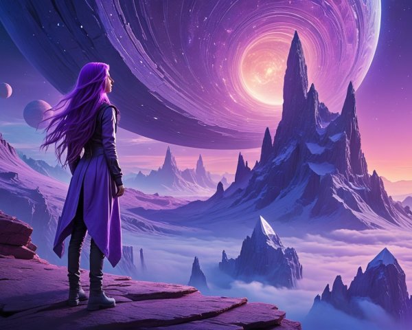 Mystical Landscape with Purple Sky and Celestial Bodies