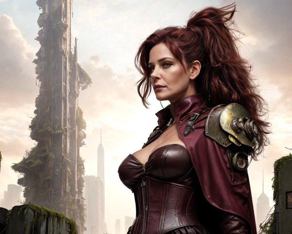 Woman in Regal Outfit Against Futuristic Cityscape