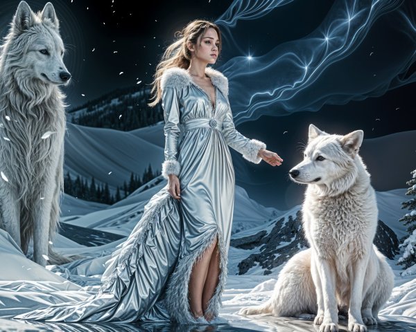 Ice Queen in Silver Gown with White Wolves in Snowy Scene