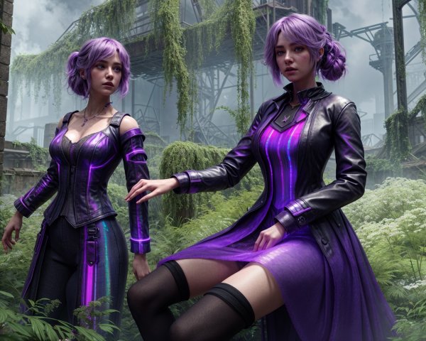 Futuristic Women in Lush Overgrown Environment