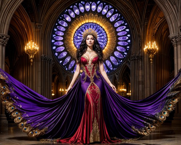 Elegant woman in luxurious red and purple gown