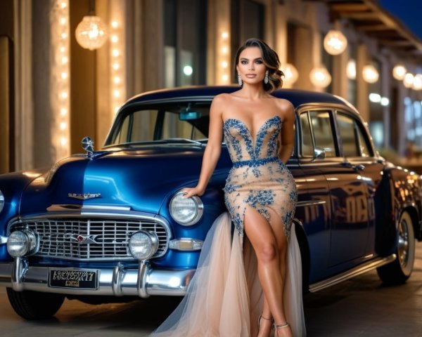 Glamorous Woman in Strapless Gown by Vintage Blue Car