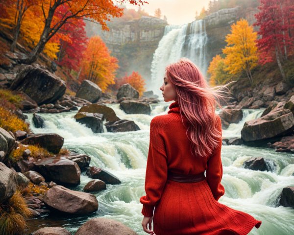 Woman with Pink Hair at Autumn Waterfall Scene