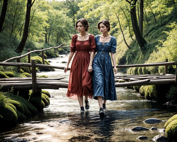 Women in Dresses on a Bridge Over a Serene Stream