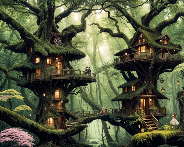 Whimsical Treehouses in a Mystical Forest Setting