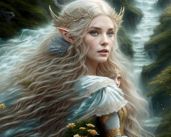 Elven Figure by Serene Waterfall in Lush Greenery