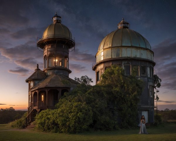 Woman in pale blue dress near overgrown observatory