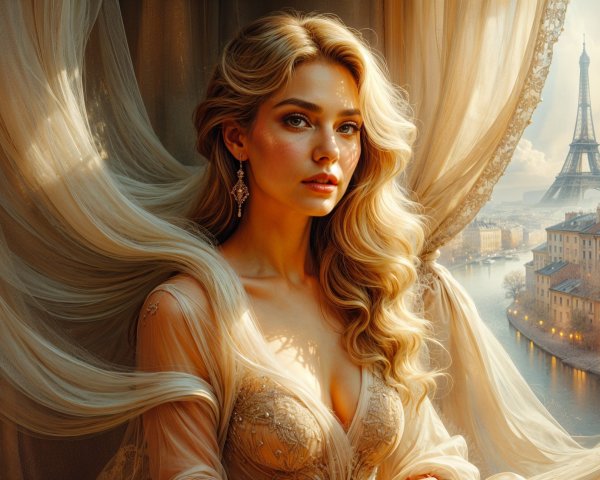 Elegant Woman by Window with Eiffel Tower View