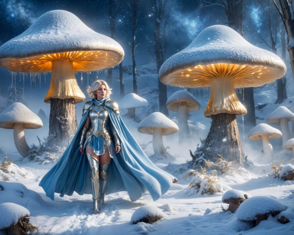 Majestic warrior in silver armor in a snowy landscape