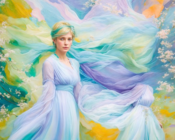 Young Woman in Ethereal Gown with Pastel Background